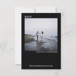 Black Simple Modern Minimalist Photo Wedding RSVP Kaartje