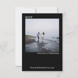 Black Simple Modern Minimalist Photo Wedding RSVP Kaartje