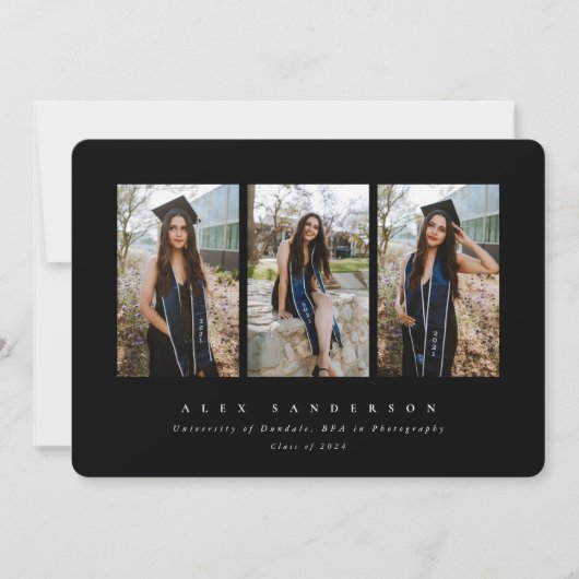Black Simple Modern Triple Photo Afstuderen Aankondiging (Voorkant)