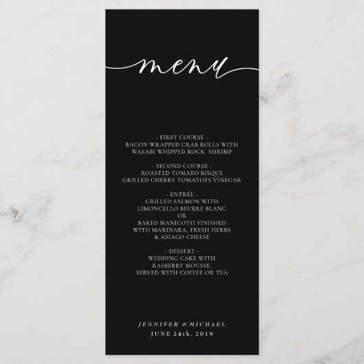Black Simple Modern Wedding Ceremony Dinner Menu (Voorkant)