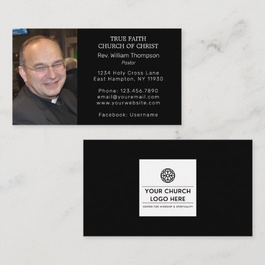 Black Simple Pastor Foto Religieuze Kerk Visitekaartje (Voorkant / Achterkant)