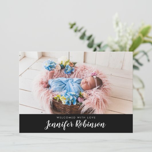 Black Simple Photo Newborn Baby Birth Announement Aankondiging (Staand voorkant)