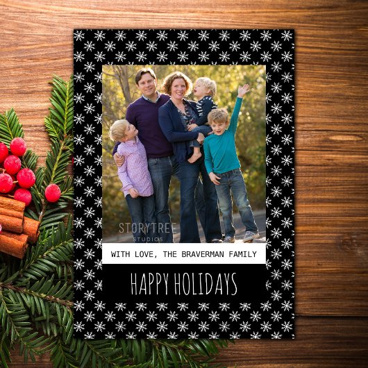 Black Simple Snowflake Holiday Photo Flat Kaart