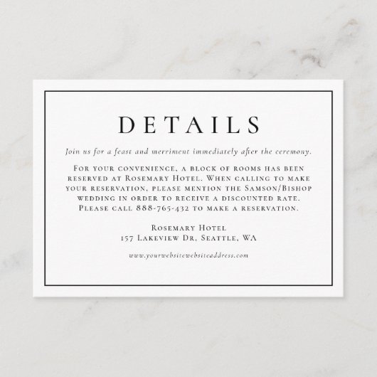Black Simple Typography Formal Wedding Details Informatiekaartje (Voorkant)
