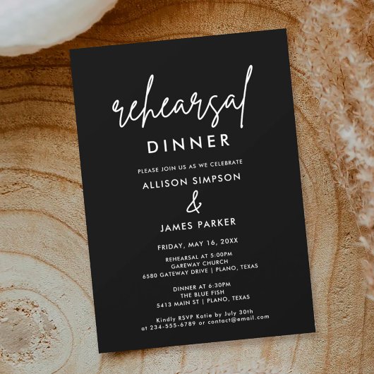 Black Simple Wedding Rehearsal Dinner Invitation Kaart