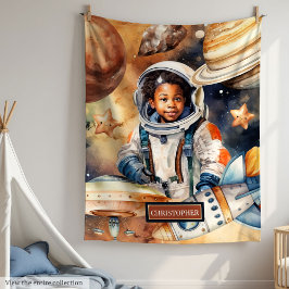 Black Skin Boy Astronaut Ruimte Waterverf Stijl Fleece Deken