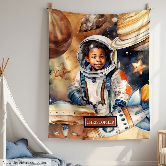 Black Skin Boy Astronaut Ruimte Waterverf Stijl Fleece Deken