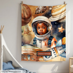 Black Skin Boy Astronaut Ruimte Waterverf Stijl Fleece Deken