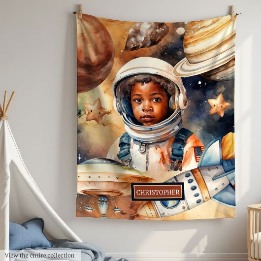 Black Skin Boy Astronaut Ruimte Waterverf Stijl Fleece Deken