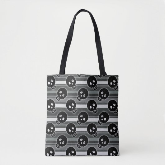 Black Skulls on Black White Stripe Pattern Tote Bag (Voorkant)