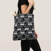 Black Skulls on Black White Stripe Pattern Tote Bag (Dichtbij)