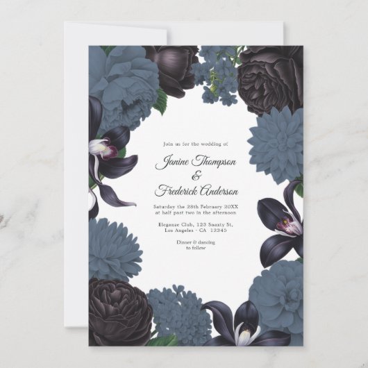 Black & Slate Photo/QR Code Floral Wedding Kaart (Voorkant)