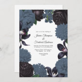 Black & Slate Photo/QR Code Floral Wedding Kaart (Voorkant / Achterkant)