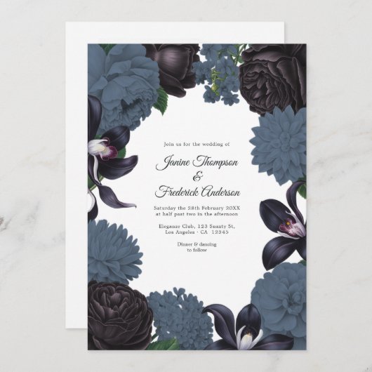 Black & Slate Photo/QR Code Floral Wedding Kaart (Voorkant / Achterkant)