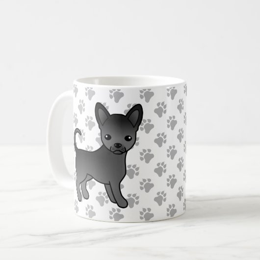 Black Smooth Coat Chihuahua Cartoon Dog & Paws Koffiemok (Voorkant links)