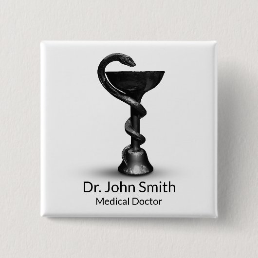 Black Snake Medical Bowl Hygieia White Caduceus Vierkante Button 5,1 Cm (Voorkant)