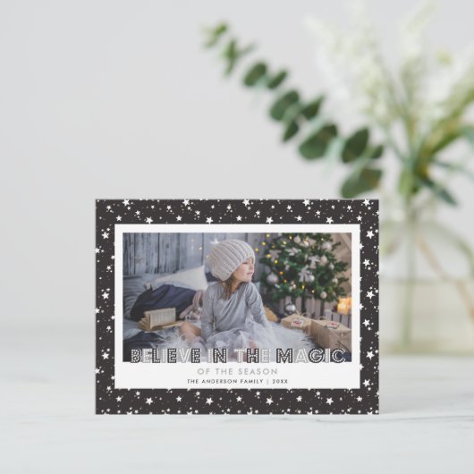 Black Snow Stars Believe Photo Feestdagenkaart (Staand voorkant)