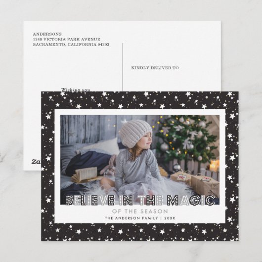 Black Snow Stars Believe Photo Feestdagenkaart (Voorkant / Achterkant)