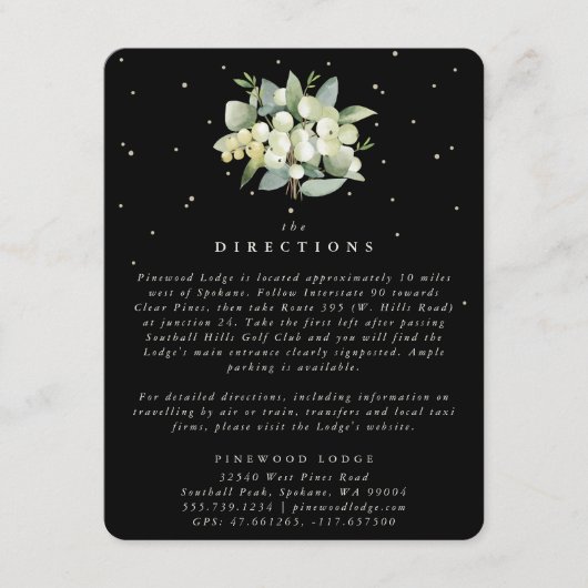 Black Snowberry+Eucalyptus Boeket Routebeschrijvin Informatiekaartje (Voorkant)