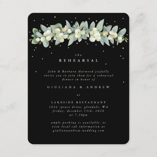 Black Snowberry + Eucalyptus bruiloft repetitie Informatiekaartje (Voorkant)