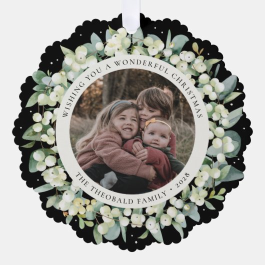 Black Snowberry+Eucalyptus Christmas Wreath Photo  Ornament Kaart (Voorkant)