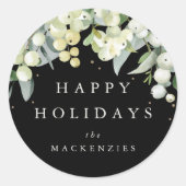Black Snowberry+Eucalyptus Custom Message Holiday Ronde Sticker (Voorkant)