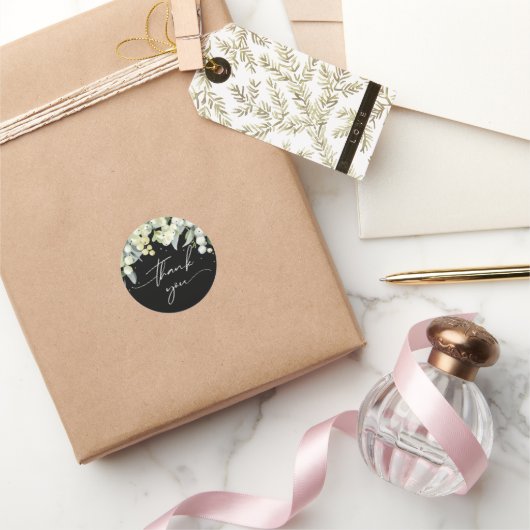 Black Snowberry+Eucalyptus Kerstmis Dank je Ronde Sticker (Geschenken)