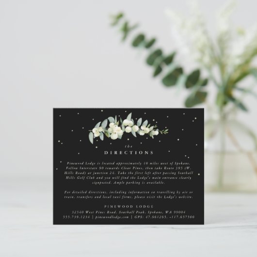 Black Snowberry+Eucalyptus Stem Wedding Routebesch Informatiekaartje (Staand voorkant)