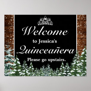 Black Snowy Forest Tiara Quinceanera Welcome Sign Poster