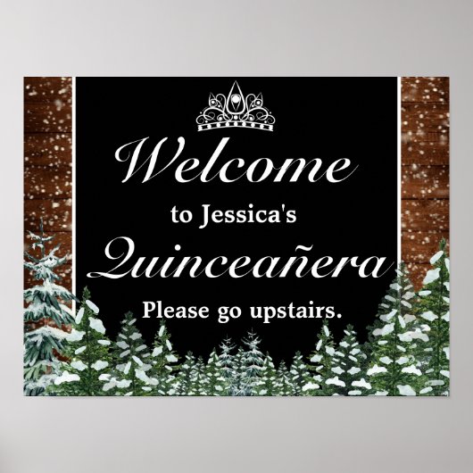 Black Snowy Forest Tiara Quinceanera Welcome Sign Poster (Voorkant)