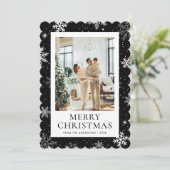 Black Snowy Merry Christmas Snowflake Foto Feestdagenkaart (Staand voorkant)