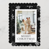Black Snowy Merry Christmas Snowflake Foto Feestdagenkaart (Voorkant / Achterkant)