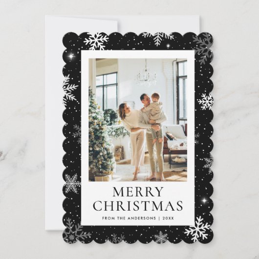 Black Snowy Merry Christmas Snowflake Foto Feestdagenkaart (Voorkant)