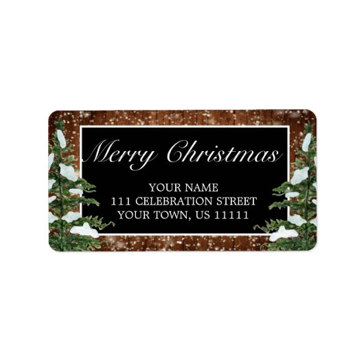 Black Snowy Wood & Forest Merry-kerstadres Etiket (Voorkant)