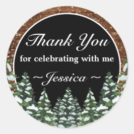 Black Snowy Wood Forest Pine Verjaardag Dank u Ronde Sticker