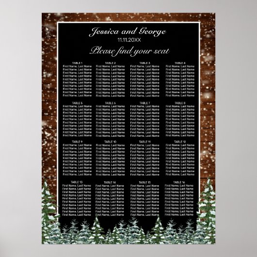 Black Snowy Wood Forest Seating Chart 16 Tables Poster (Voorkant)
