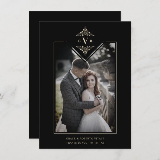 Black Sophisticate Flourish Chic Golden Initials Bedankkaart (Voorkant / Achterkant)