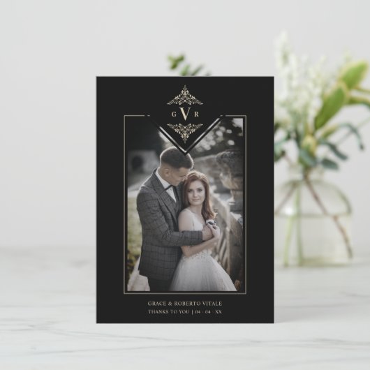Black Sophisticate Flourish Chic Golden Initials Bedankkaart (Staand voorkant)