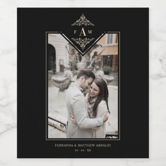 Black Sophisticate Flourish Chic Golden Initials Wijn Etiket (Enkel label)