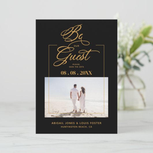 Black Sophisticated Minimal Photo Elegant Script Save The Date (Staand voorkant)