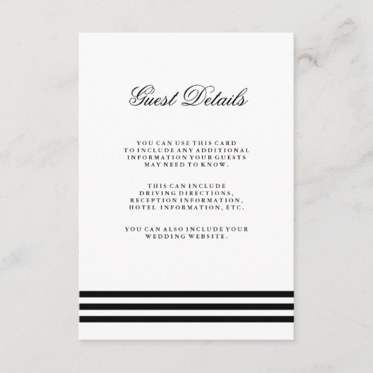 Black Sophisticated Stripes Wedding Guest Details Informatiekaartje (Voorkant)