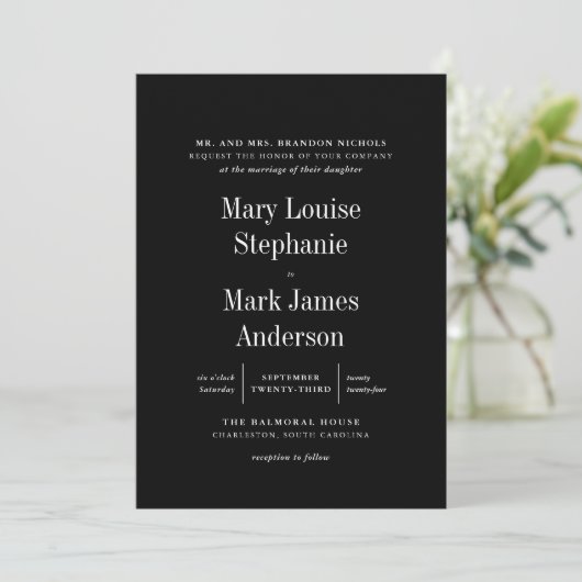 Black Sophisticated Typography Wedding Invitation Kaart (Staand voorkant)