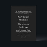 Black Sophisticated Typography Wedding Invitation Kaart<br><div class="desc">Deze klassieke en eenvoudige trouwuitnodiging kenmerkt een lay-out van elegante witte teksttypografie op een zwarte achtergrond. Gebruik blauw personaliseer of geef knopen uit om de achtergrond en de doopvonten te veranderen om uw persoonlijke stijl aan te passen. Deze huwelijksuitnodiging is een moderne en elegante keuze voor een klassieke uitnodiging die...</div>