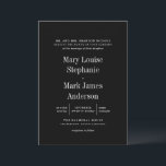 Black Sophisticated Typography Wedding Invitation Kaart<br><div class="desc">Deze klassieke en eenvoudige trouwuitnodiging kenmerkt een lay-out van elegante witte teksttypografie op een zwarte achtergrond. Gebruik blauw personaliseer of geef knopen uit om de achtergrond en de doopvonten te veranderen om uw persoonlijke stijl aan te passen. Deze huwelijksuitnodiging is een moderne en elegante keuze voor een klassieke uitnodiging die...</div>