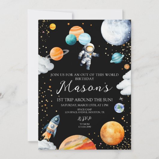 Black Space Astronaut Balloon Planets 1st Trip Kaart (Voorkant)