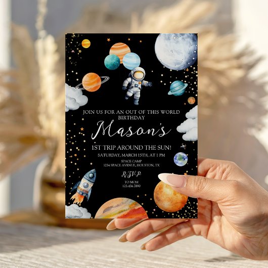 Black Space Astronaut Balloon Planets 1st Trip Kaart