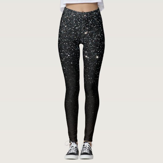 Black Sparkle Faux Glitter Night Sky Leggings (Voorkant)