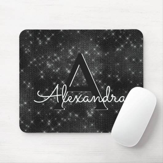 Black Sparkle Girly Monogram Naam Mousepad Muismat (Met muis)