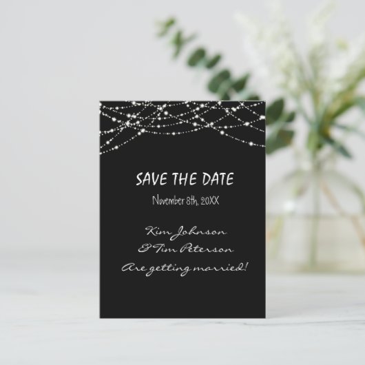 Black Sparkle Lights Wedding Briefkaart Opslaan Da (Staand voorkant)
