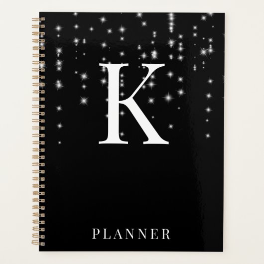 Black Sparkle Modern Glam Monogram Planner (Voorkant)